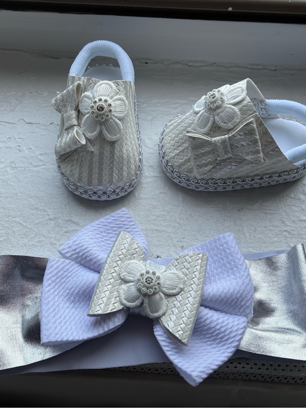 White Floral Baby Slippers with Matching Bow Headband
